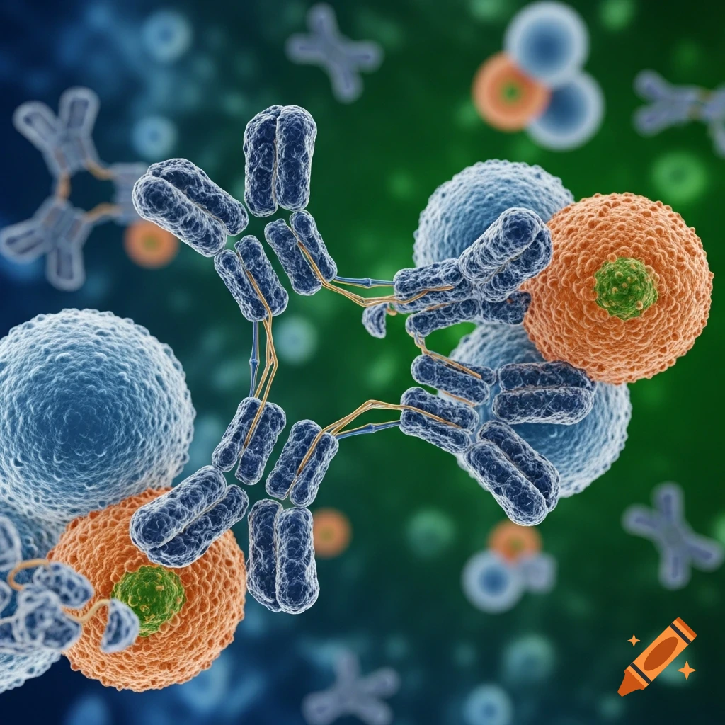 A hyperrealistic 3D rendering of Y-shaped antibodies interacting with blue and orange cells against a green background.
