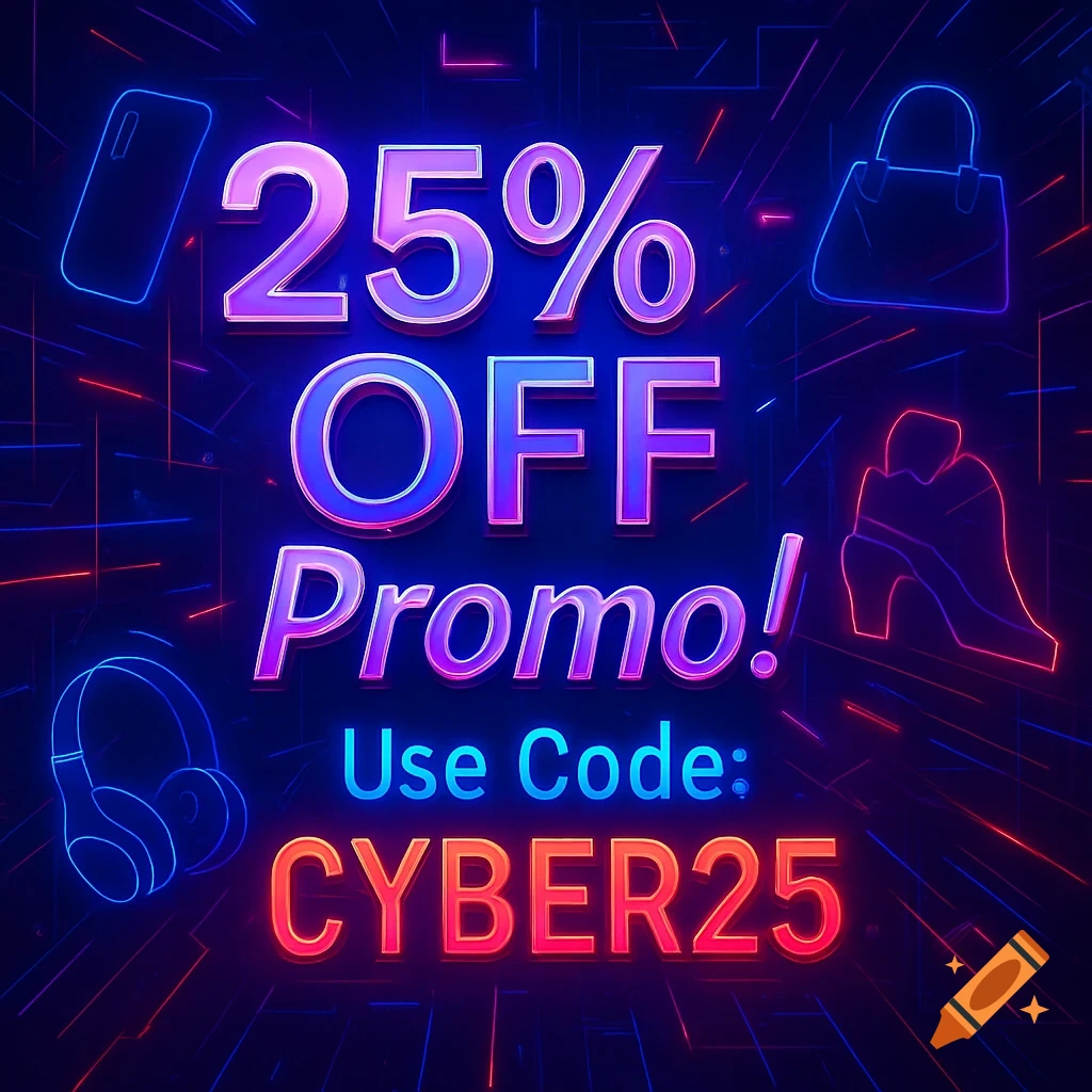 Neon style graphic with '25% OFF Promo! Use Code: CYBER25' and outlines of a phone, handbag, shoe, and headphones.