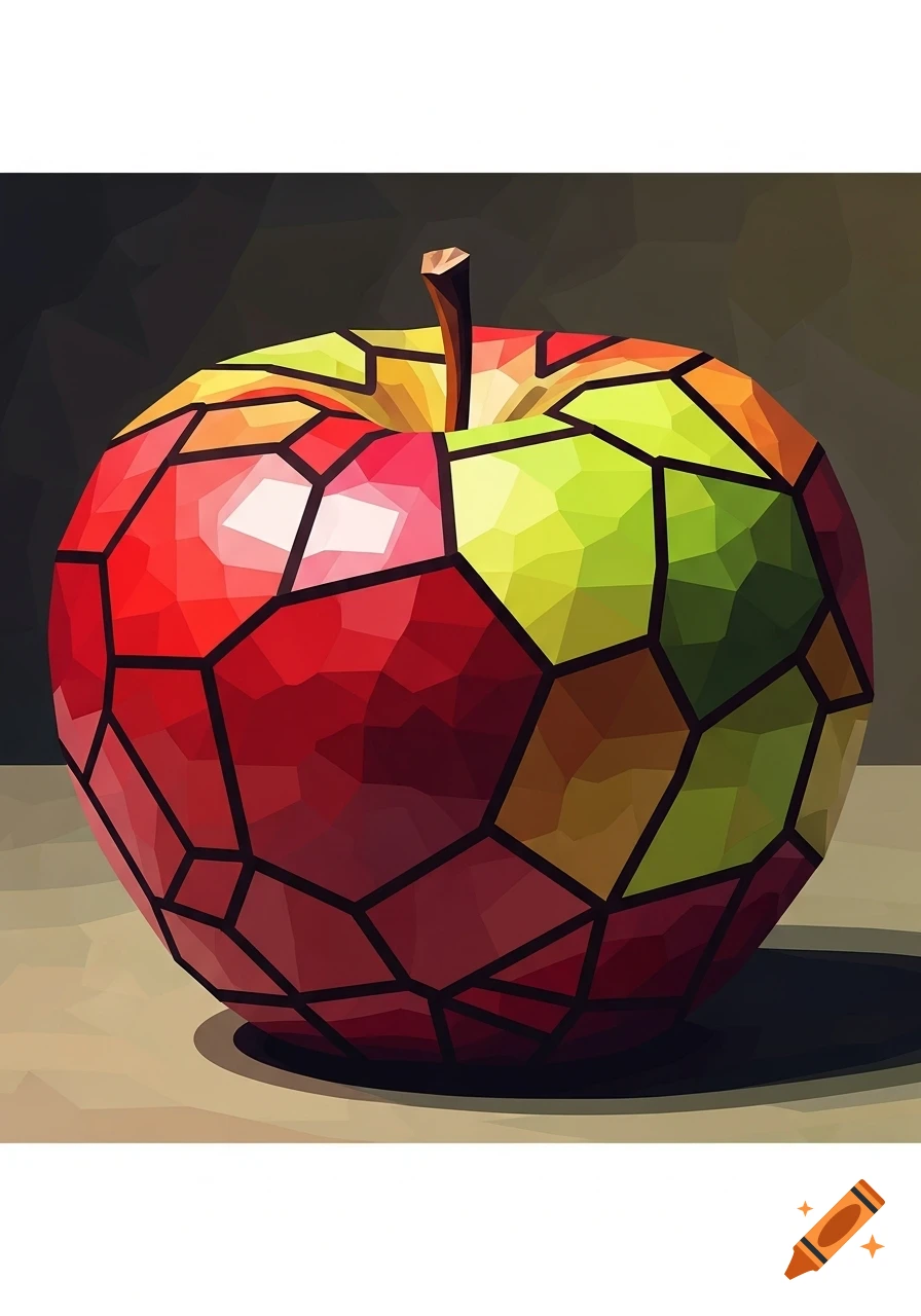 Colorful cubist apple composed of geometric facets in shades of red, green, and yellow, against a dark background.