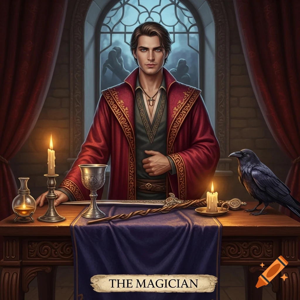 A handsome man in a red robe stands behind a table with mystical items and a raven, with 'THE MAGICIAN' text below, fantasy art style.