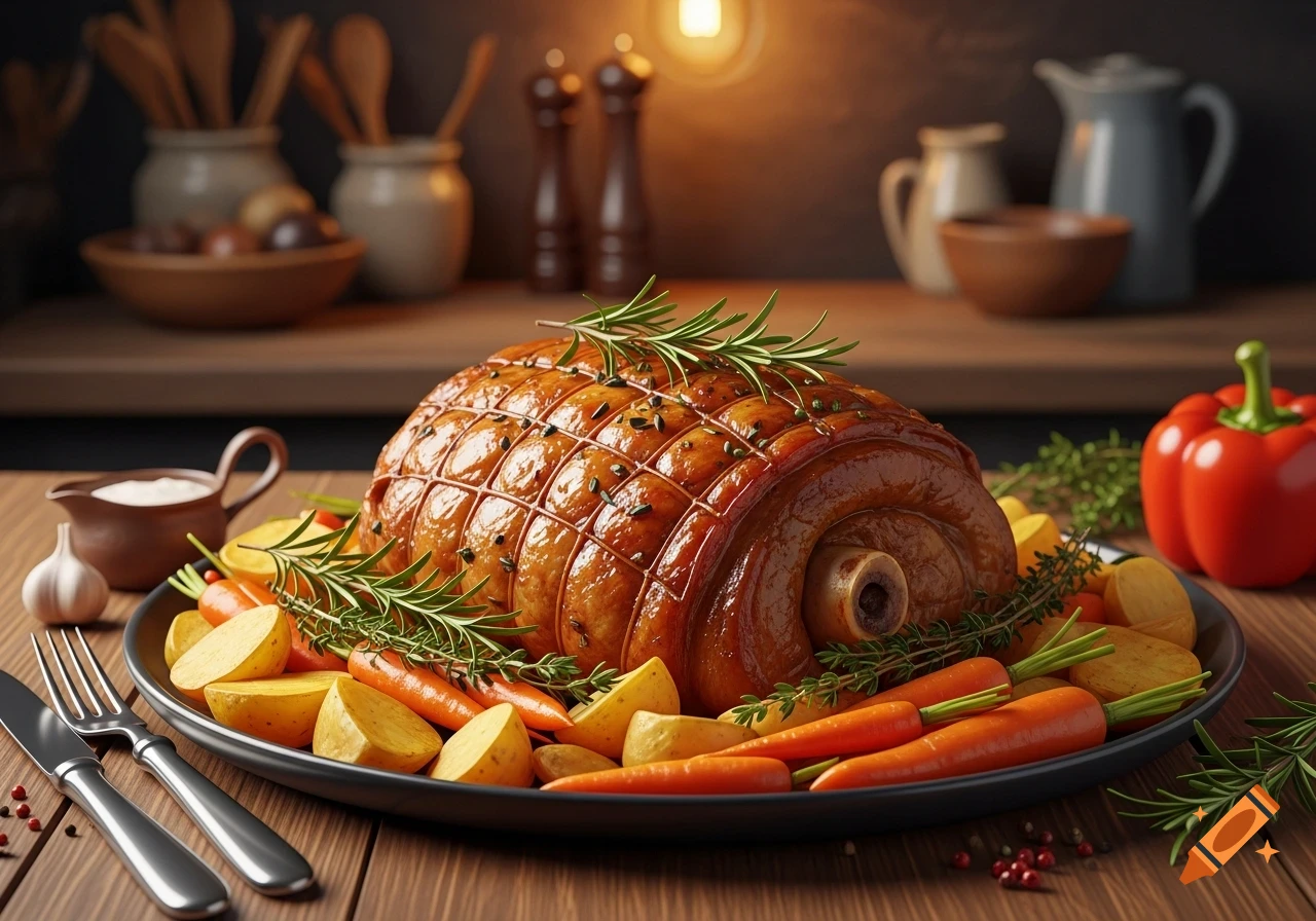 Photorealistic image of a glazed, roasted pork joint with rosemary, carrots, and potatoes on a black platter.