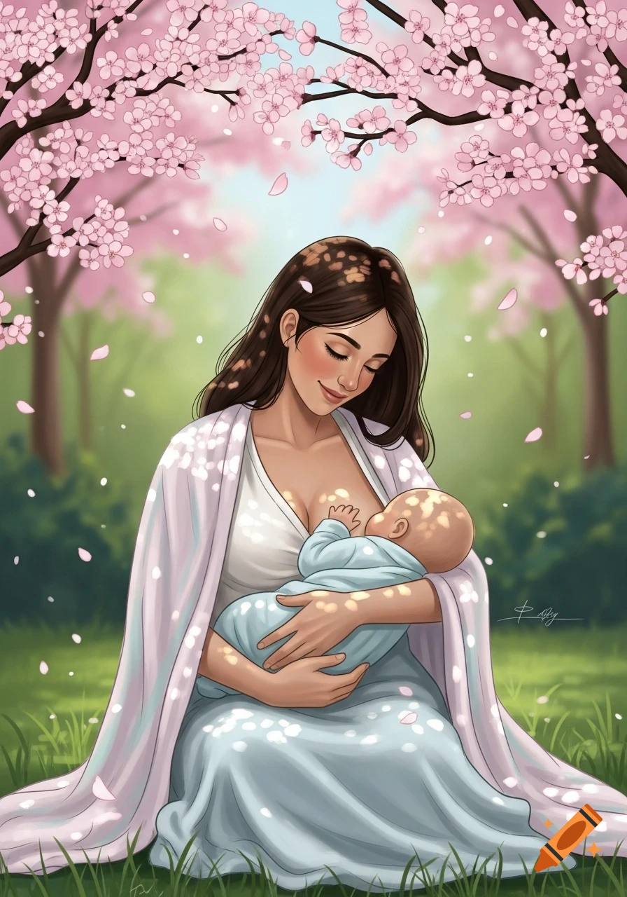Illustrated mother breastfeeds her baby under pink cherry blossom trees, petals falling.