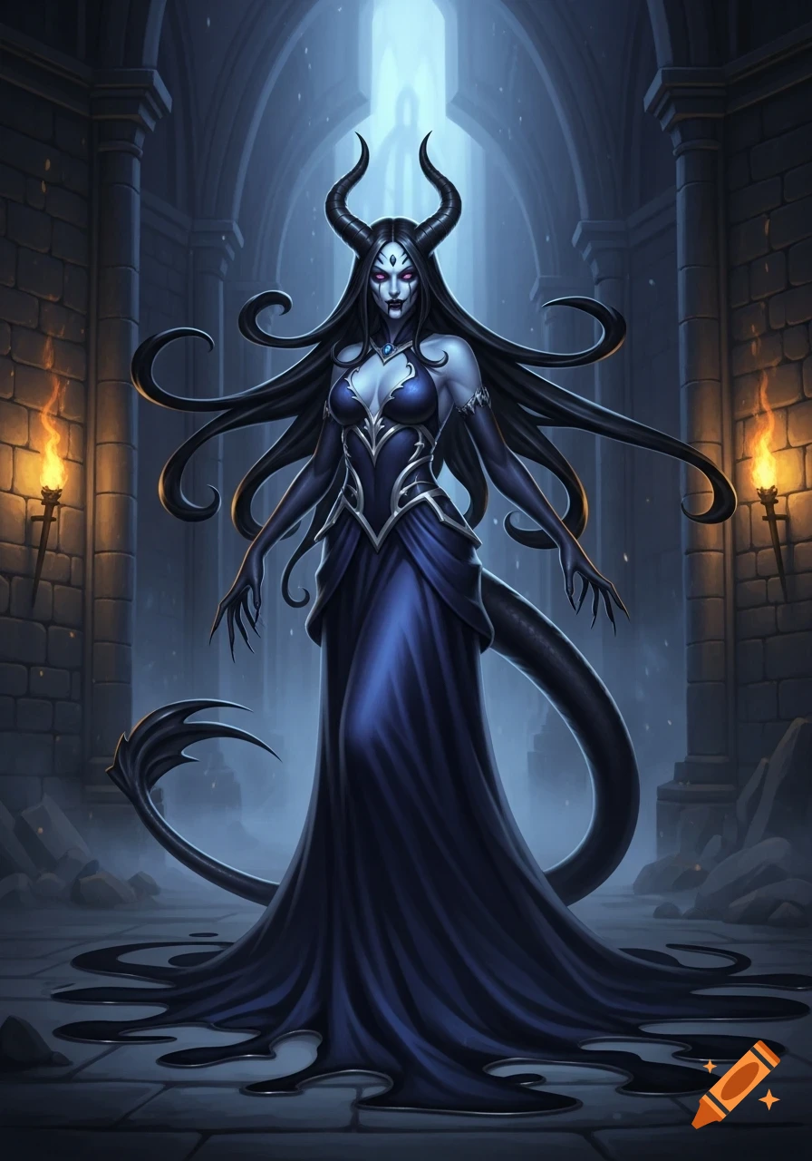 A dark fantasy illustration of a demon with black horns, long hair, and a tail, wearing a dark blue dress in a gothic crypt.