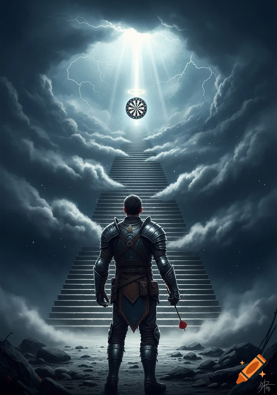 A knight in armor stands before a grand stairwell ascending through dark storm clouds to a glowing dartboard in the sky, holding a dart.