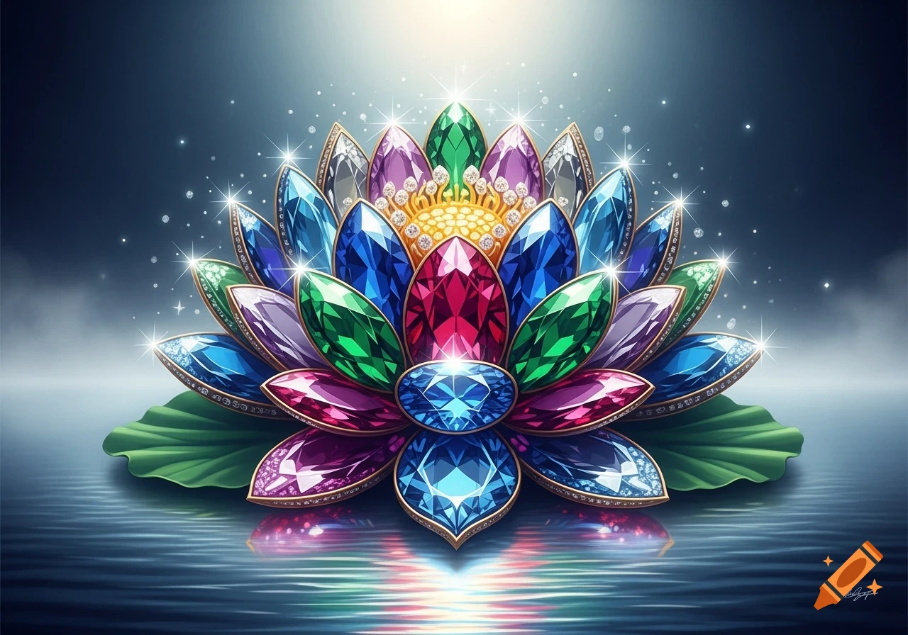 Vibrant, sparkling lotus flower made of multicolored precious gems floating on water, with shimmering reflections.