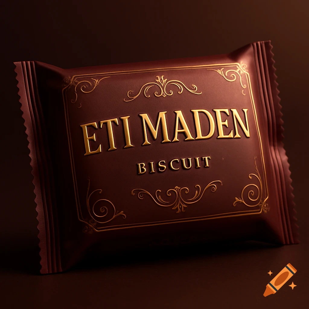A photorealistic dark brown biscuit package featuring 'ETI MADEN BISCUIT' in embossed golden letters and decorative swirls.