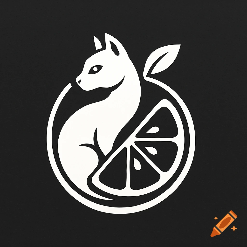 White minimalist logo of a cat and a lemon slice on a black background.