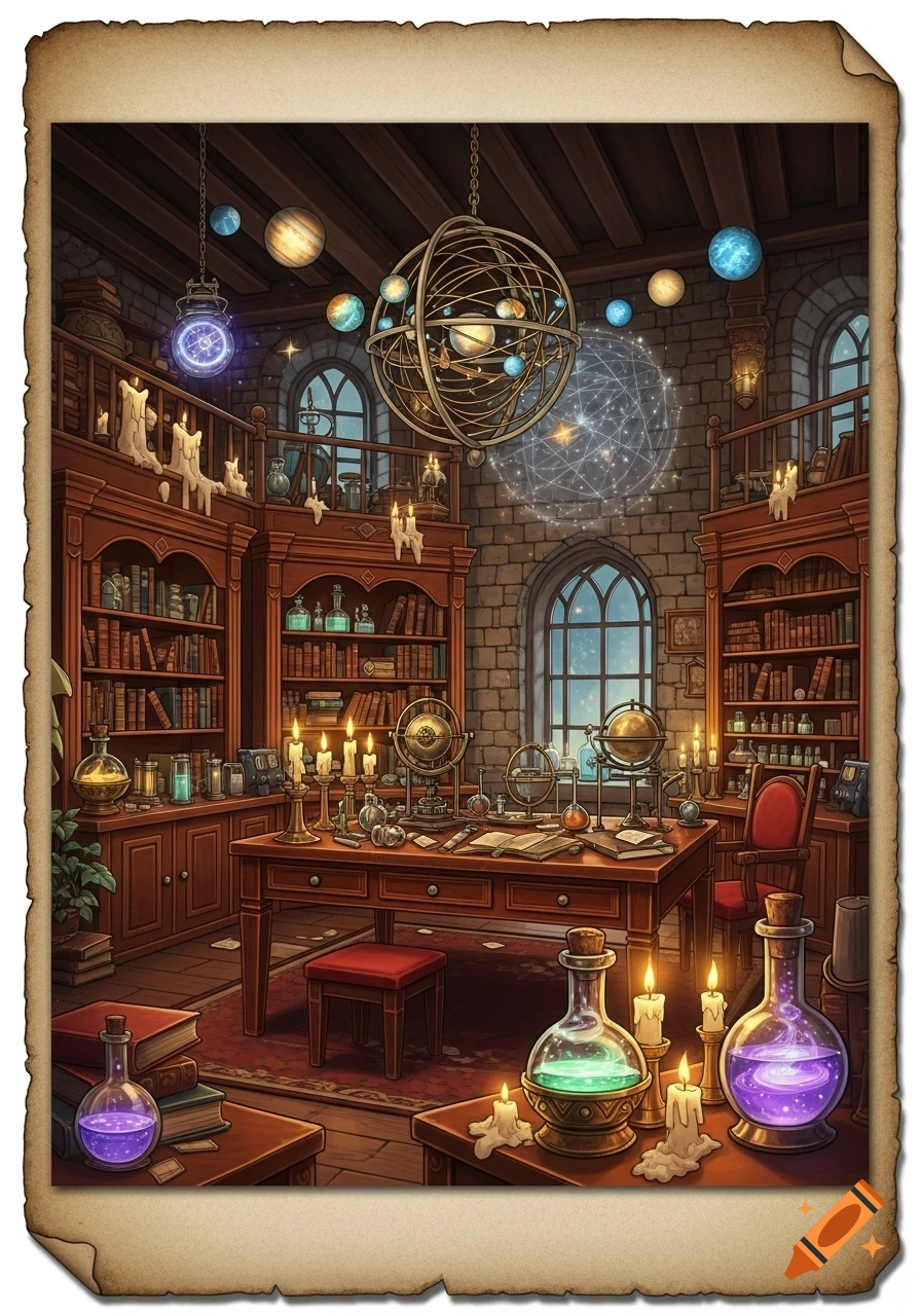 Detailed illustration of a magical alchemist's study with bookshelves, a desk, globes, glowing potions, and celestial models.