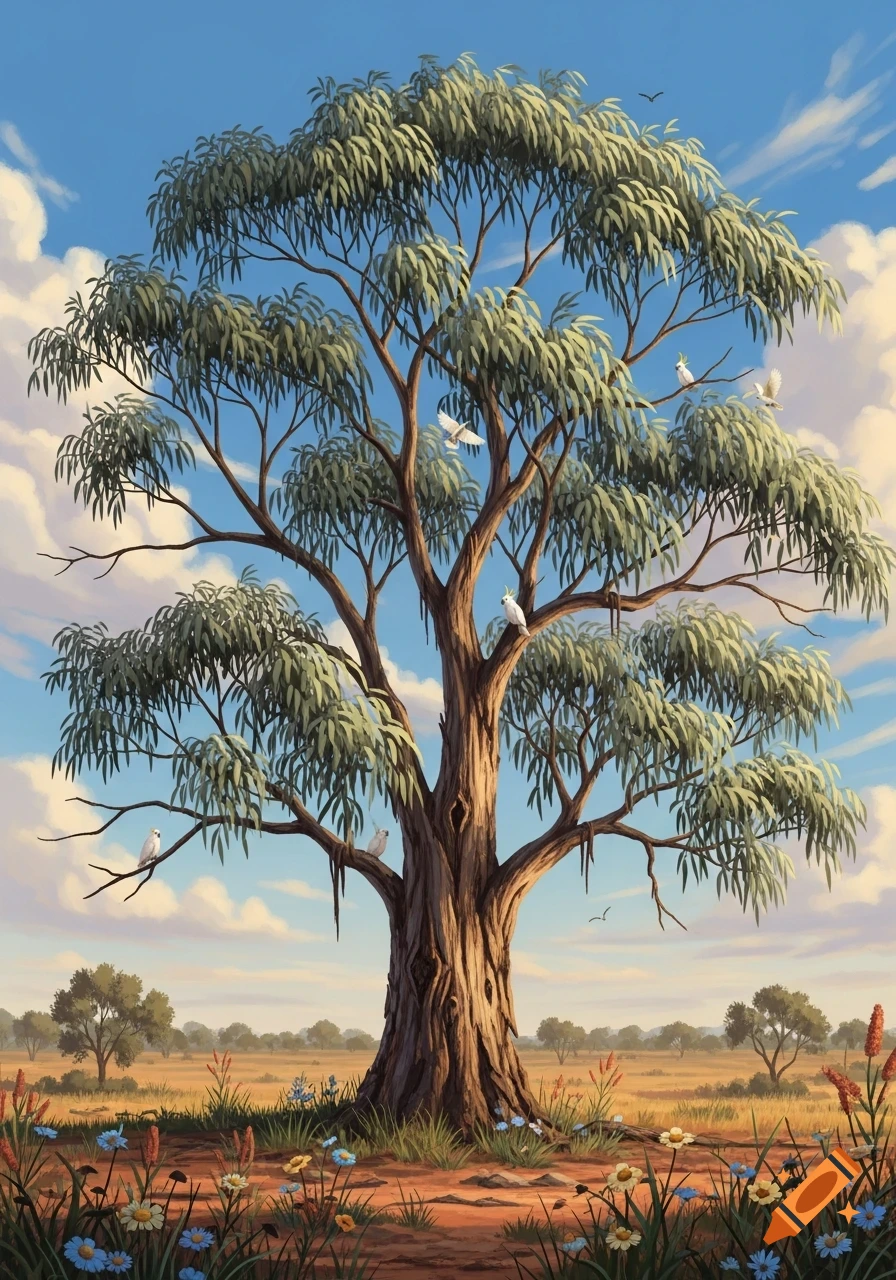 A large gum tree stands in a dry, grassy field with wildflowers and white birds in its branches under a blue sky, in an illustrative style.