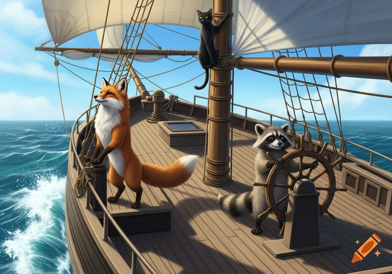 A fox, raccoon, and black cat on a sailboat at sea, with the fox at the bow, the raccoon at the helm, and the cat on the mast.