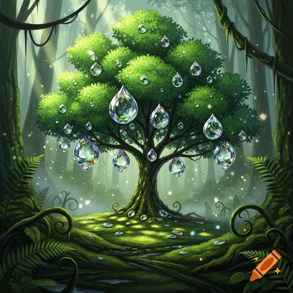A vibrant fantasy forest scene featuring a lush green tree adorned with sparkling, jewel-like water drops.