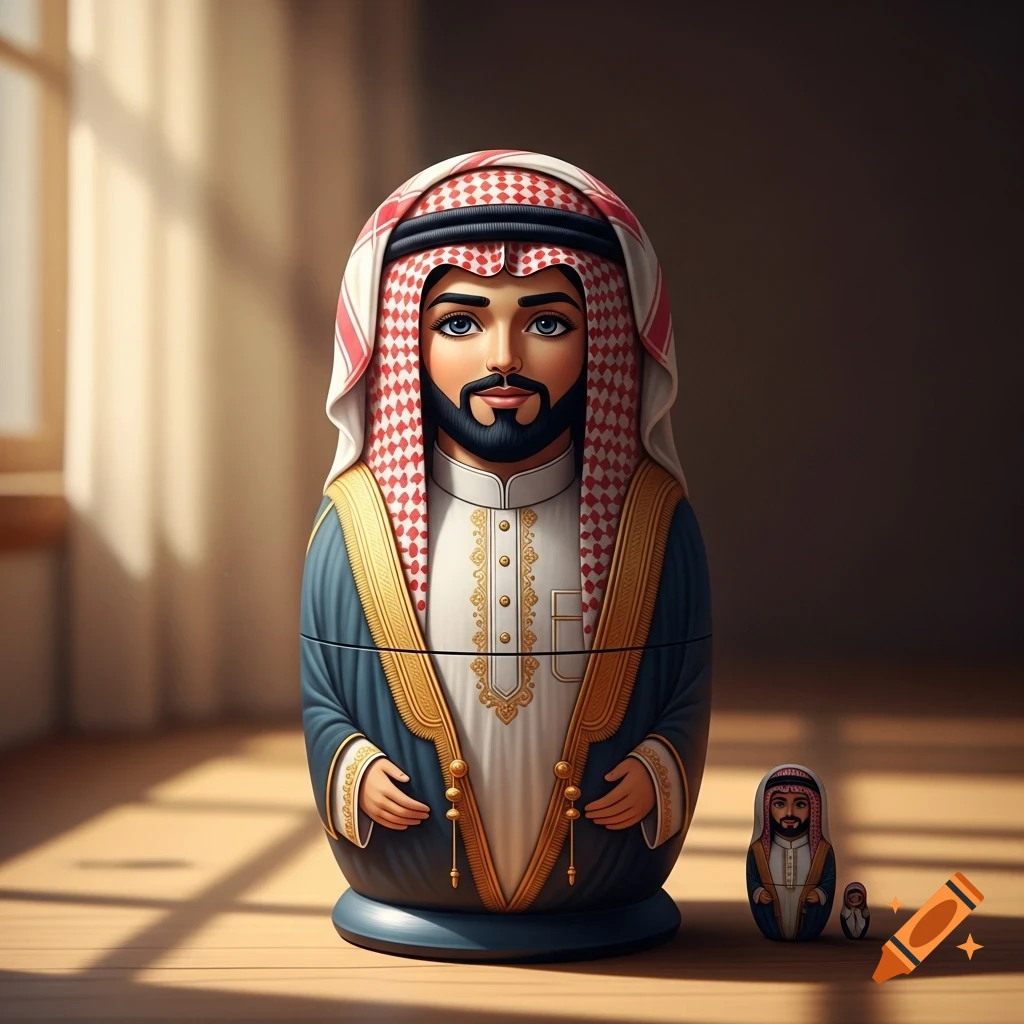 A stylized matryoshka doll wearing a white and red keffiyeh and a blue and gold thobe, with two smaller matching dolls beside it on a wooden floor.