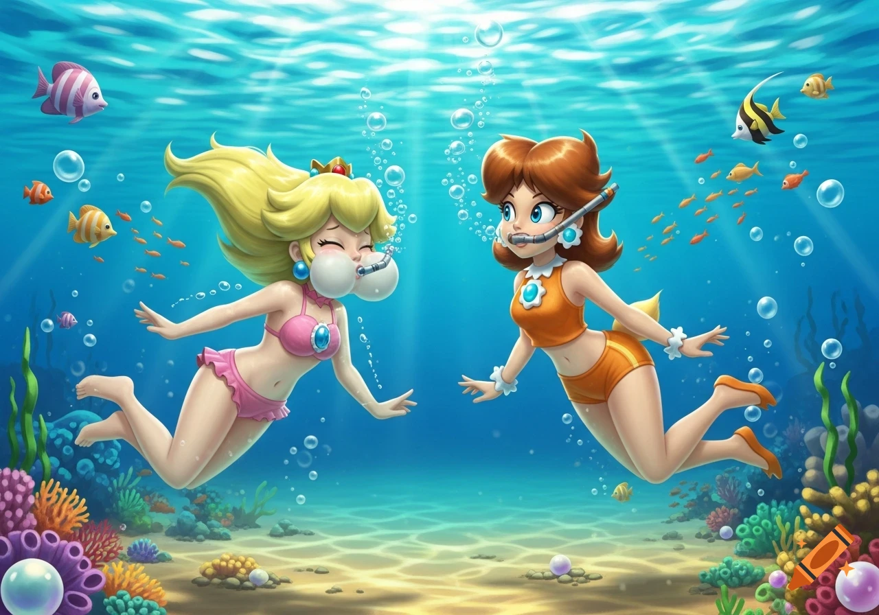 Princess Peach and Princess Daisy in swimwear swim underwater in a vibrant coral reef, Peach's cheeks puffed from holding her breath.