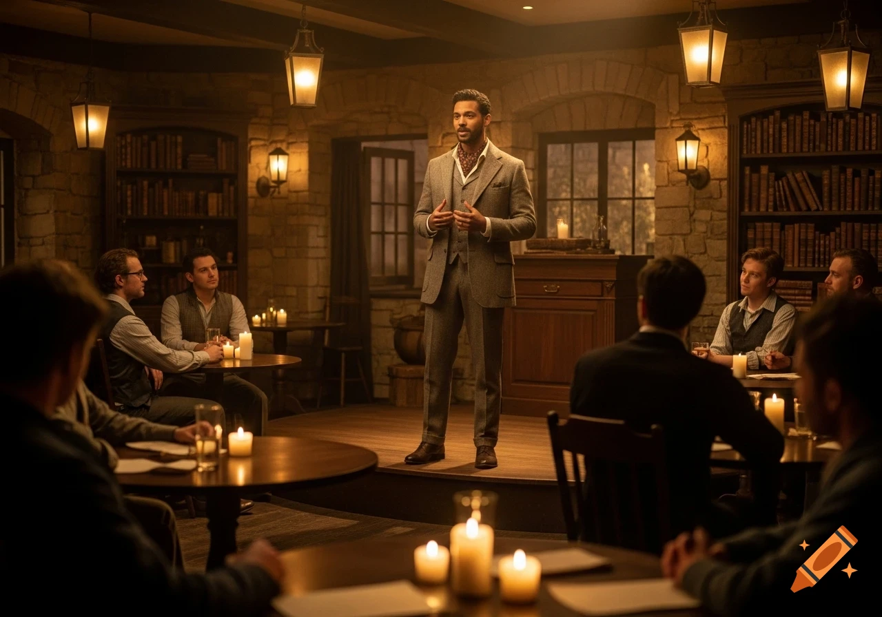 A man in a suit recites a poem to an attentive audience in a dimly lit, library-like room with stone walls.