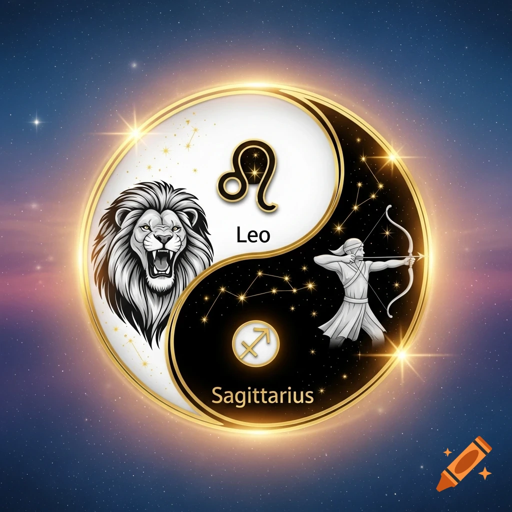 A gold-framed yin-yang symbol featuring a roaring lion and Leo zodiac sign on one side, and a centaur archer with Sagittarius sign on the other, set against a starry cosmic background.