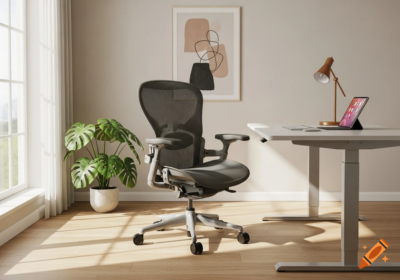 Modern Scandinavian home office with a grey ergonomic chair, standing desk with an iPad, Monstera plant, and abstract wall art.