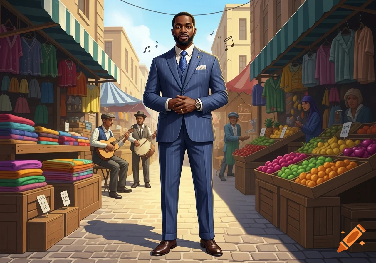 A confident Black man in a blue pinstripe suit stands in a bustling illustrated street market with clothes, fruits, and musicians.
