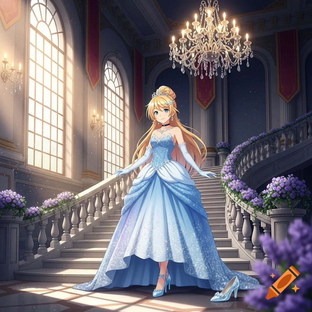 Anime Cinderella in a sparkling blue gown stands on grand stairs in an elegant ballroom with a glass slipper off her foot.