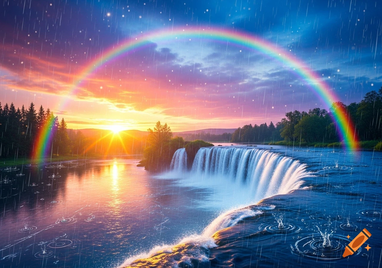 Photorealistic landscape of a vibrant sunrise over a lake with a powerful waterfall, gentle rain, and a full rainbow stretching across the sky.