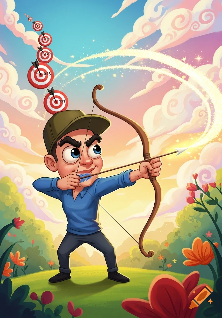 A cartoon boy in a green cap shoots a glowing arrow at multiple floating red and white targets in a whimsical outdoor setting.