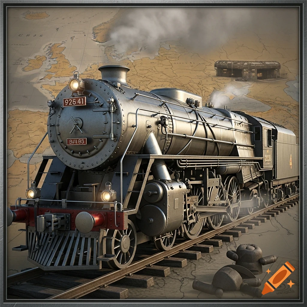 A detailed, vintage-style steam train on tracks over an old map of Europe, with a distant building. The train has numbers and markings.