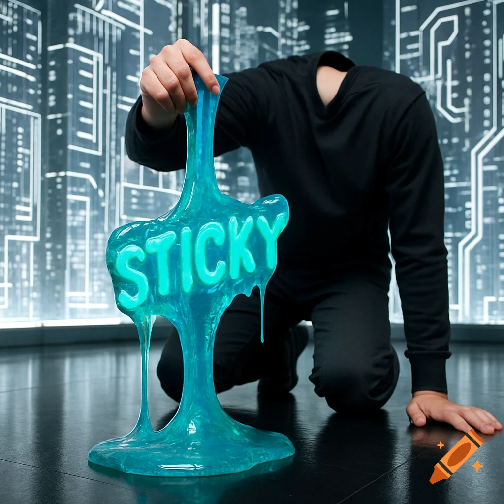 A person in black kneels on a shiny floor, holding up glowing blue-green slime that spells "STICKY" in a cyber city.
