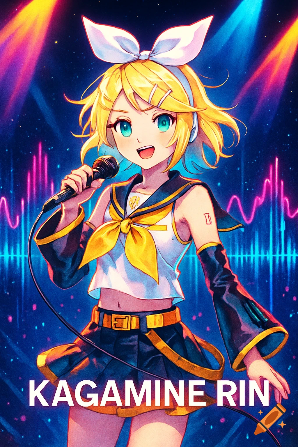 Anime girl with blonde hair and blue eyes, dressed in a sailor uniform, singing into a microphone on a vibrant stage with sound wave graphics.