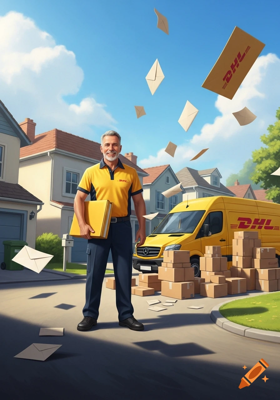 Illustrated DHL delivery man in yellow uniform smiles by a van with packages in a sunny residential street with flying letters.