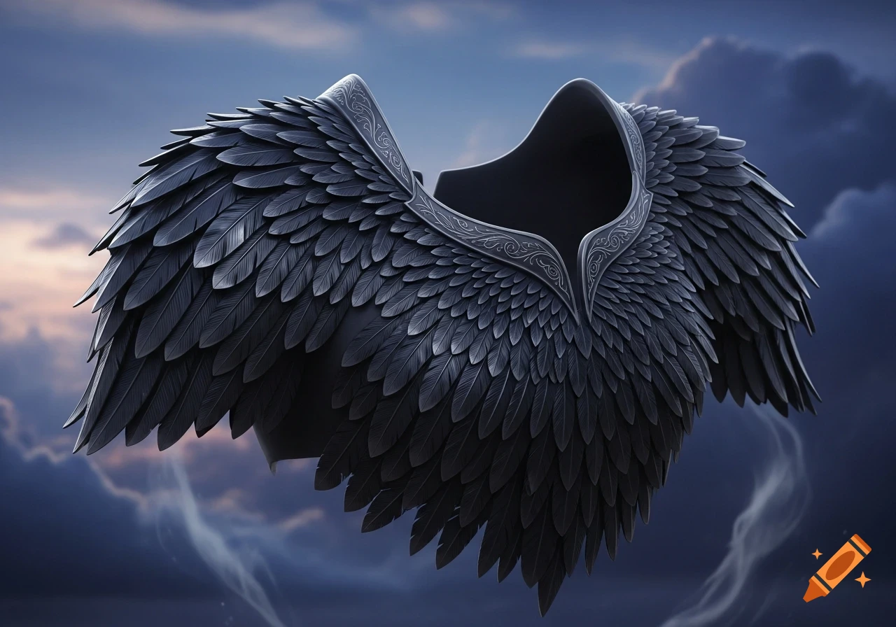 Dark feathered cape or pauldrons with ornate silver trim against a cloudy, atmospheric sky.
