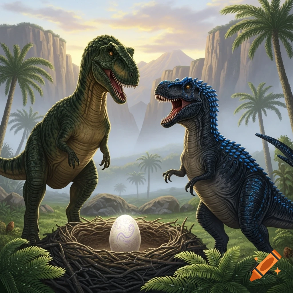 Two detailed dinosaurs, one green and one blue-spiked, stand over a nest with a glowing, patterned egg in a prehistoric landscape.