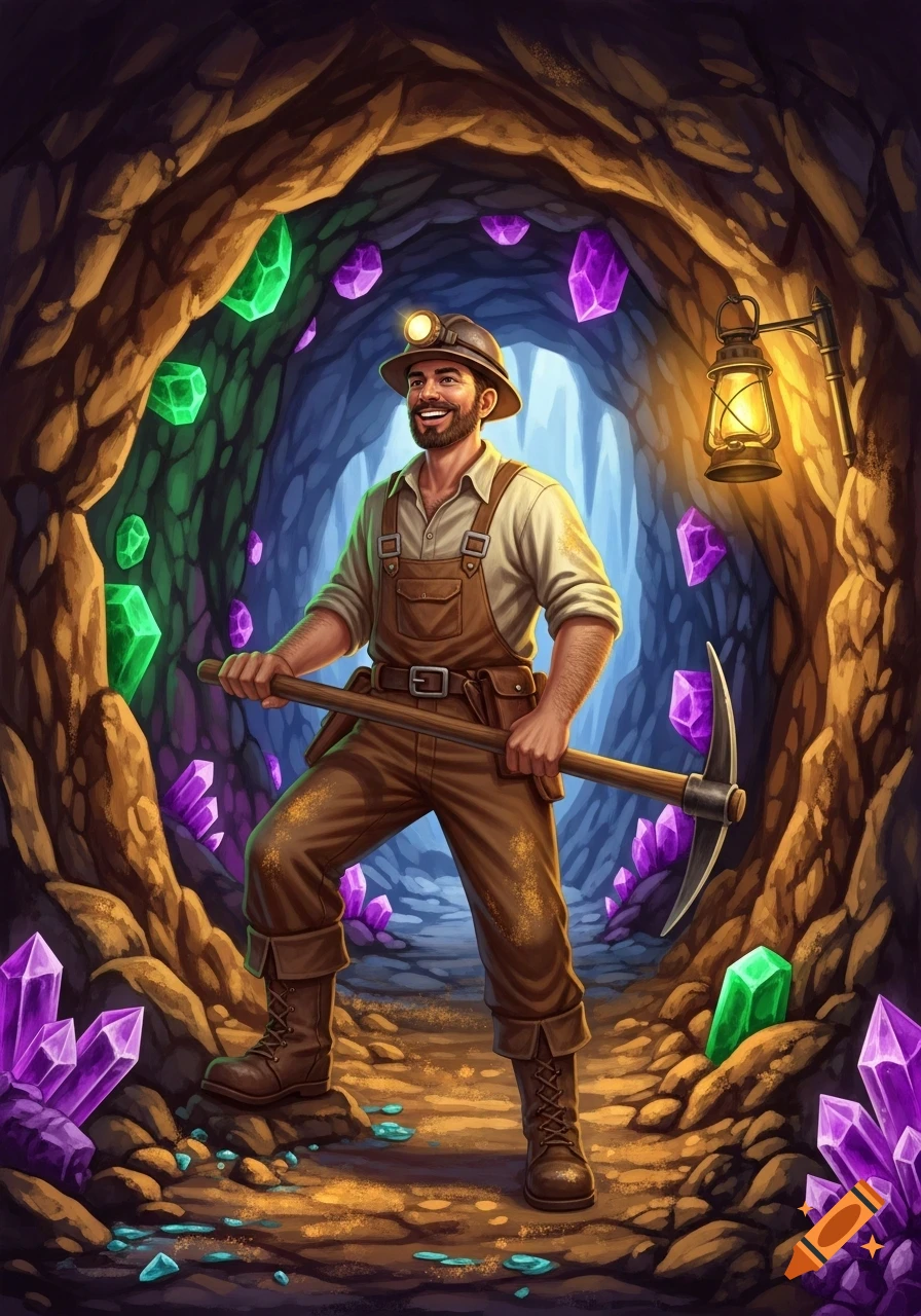 A happy miner in a brown hat and overalls holds a pickaxe in a glowing cave filled with vibrant green and purple crystals.