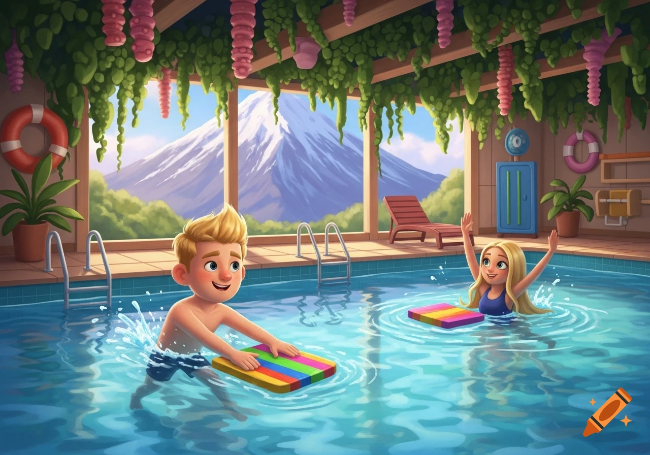 A boy with a kickboard and a girl doing aqua gym swim in an indoor pool with a mountain view, in Pixar style with pastel colors.