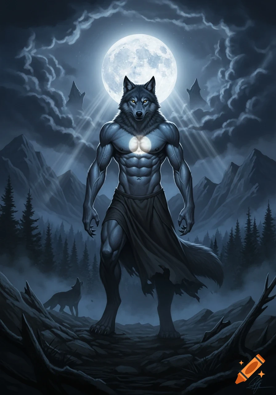 A muscular wolf-man stands under a radiant full moon in a dark, misty mountain forest with another wolf howling.