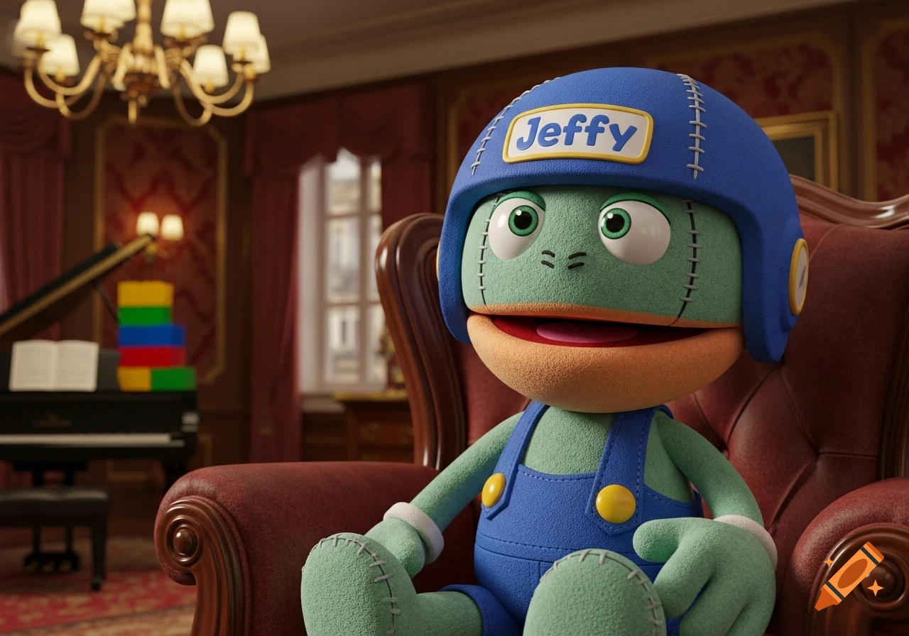 Hyperrealistic puppet character Jeffy in blue overalls and helmet, sitting in a red armchair in a luxurious room.