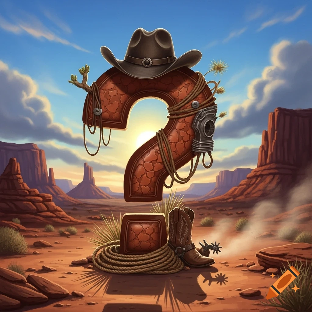 A stylized question mark made of leather, adorned with a cowboy hat, rope, and boot, stands in a desert canyon landscape at sunset.