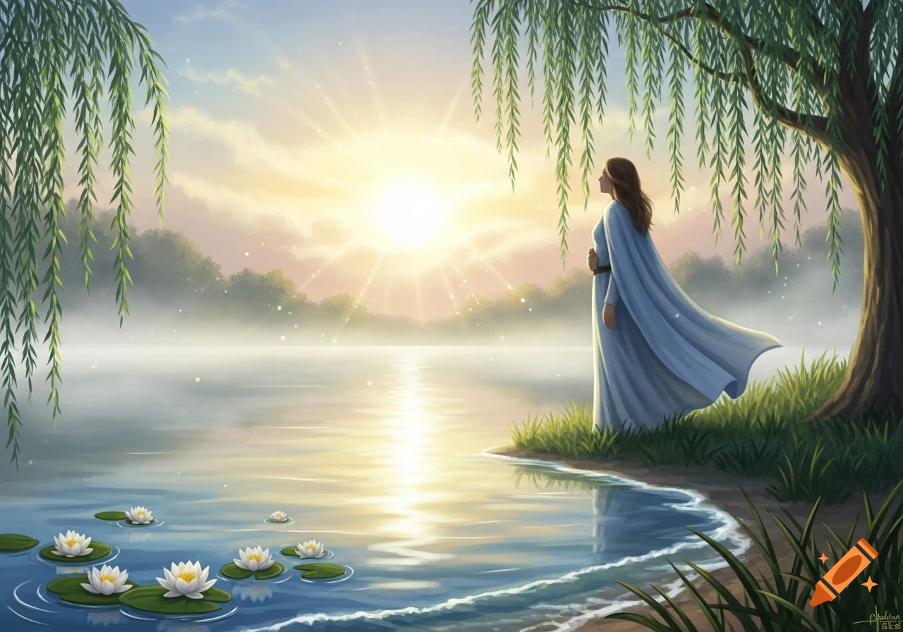 A serene illustration of a woman in a flowing blue gown standing by a ...