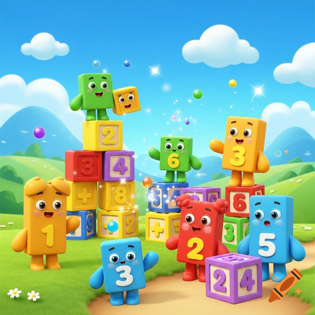 Colorful block characters with numbers 1, 2, 3, 4, 5, 6, 8, 9, and 24 on them, playing with building blocks in a bright green field under a blue sky.