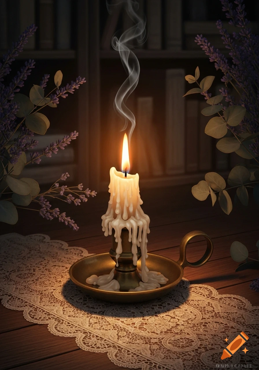 A burning, melting candle in a brass holder on a lace doily, with lavender and blurry books in the background, creating a cozy atmosphere.