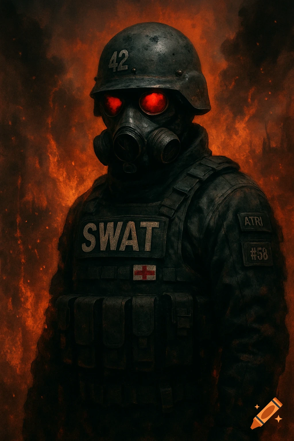 A dark, apocalyptic SWAT trooper in a gas mask with glowing red eyes, standing against a fiery, burning background.