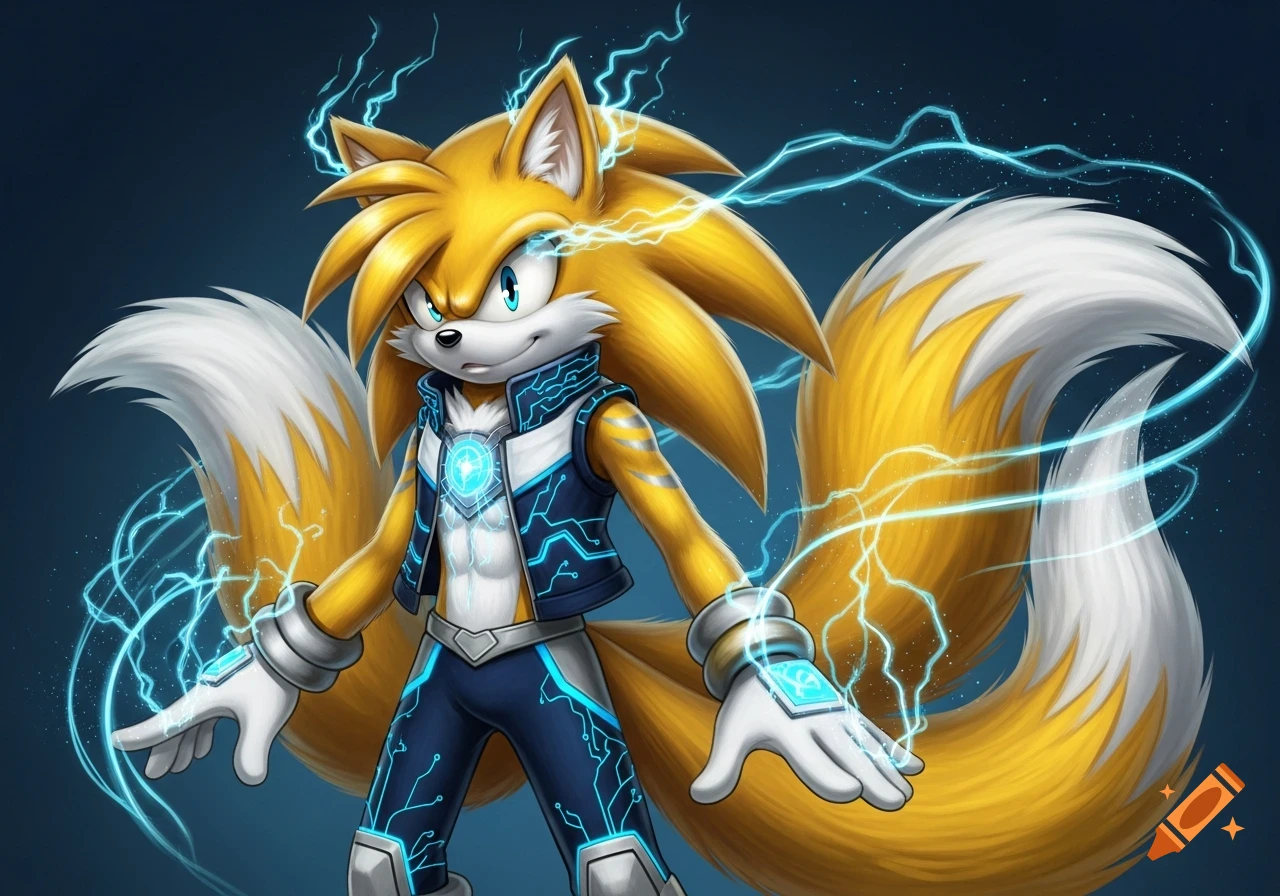 Golden fox-hedgehog hybrid character with glowing blue lightning and circuit patterns on a futuristic outfit.