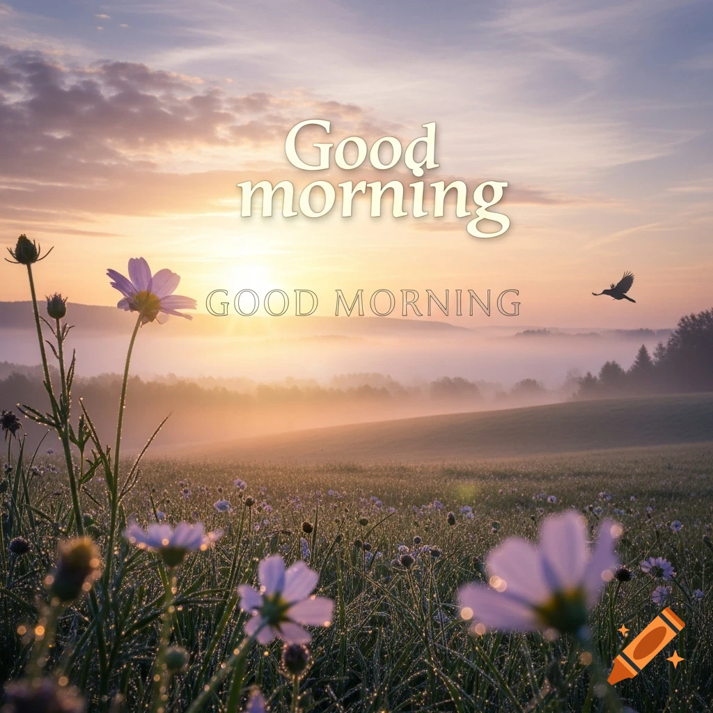 A picturesque sunrise over a misty field filled with dew-kissed flowers, a bird flying, with 'Good morning' text.