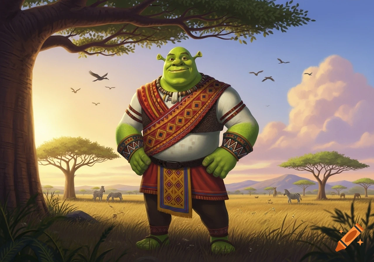 Shrek, dressed in vibrant patterned clothing, stands in an African savanna with acacia trees and zebras at sunset.