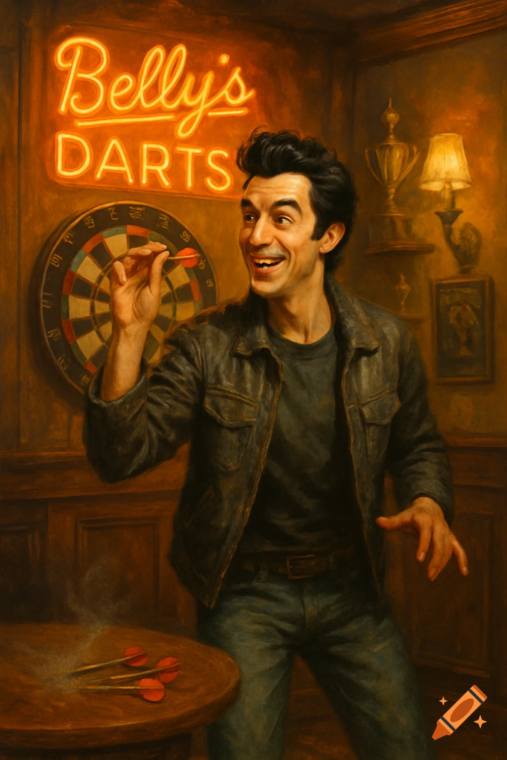 Smiling black-haired man with a dart in a dimly lit bar, a neon sign reading 'Belly's DARTS' and a dartboard behind him, painterly style.