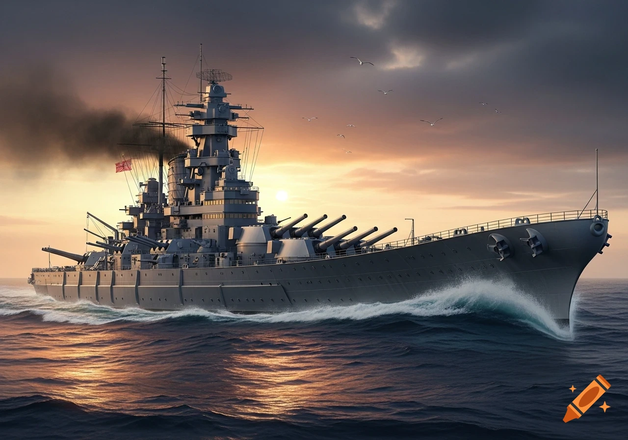 A detailed battleship sails through choppy waters at sunset, emitting dark smoke, with birds flying overhead.