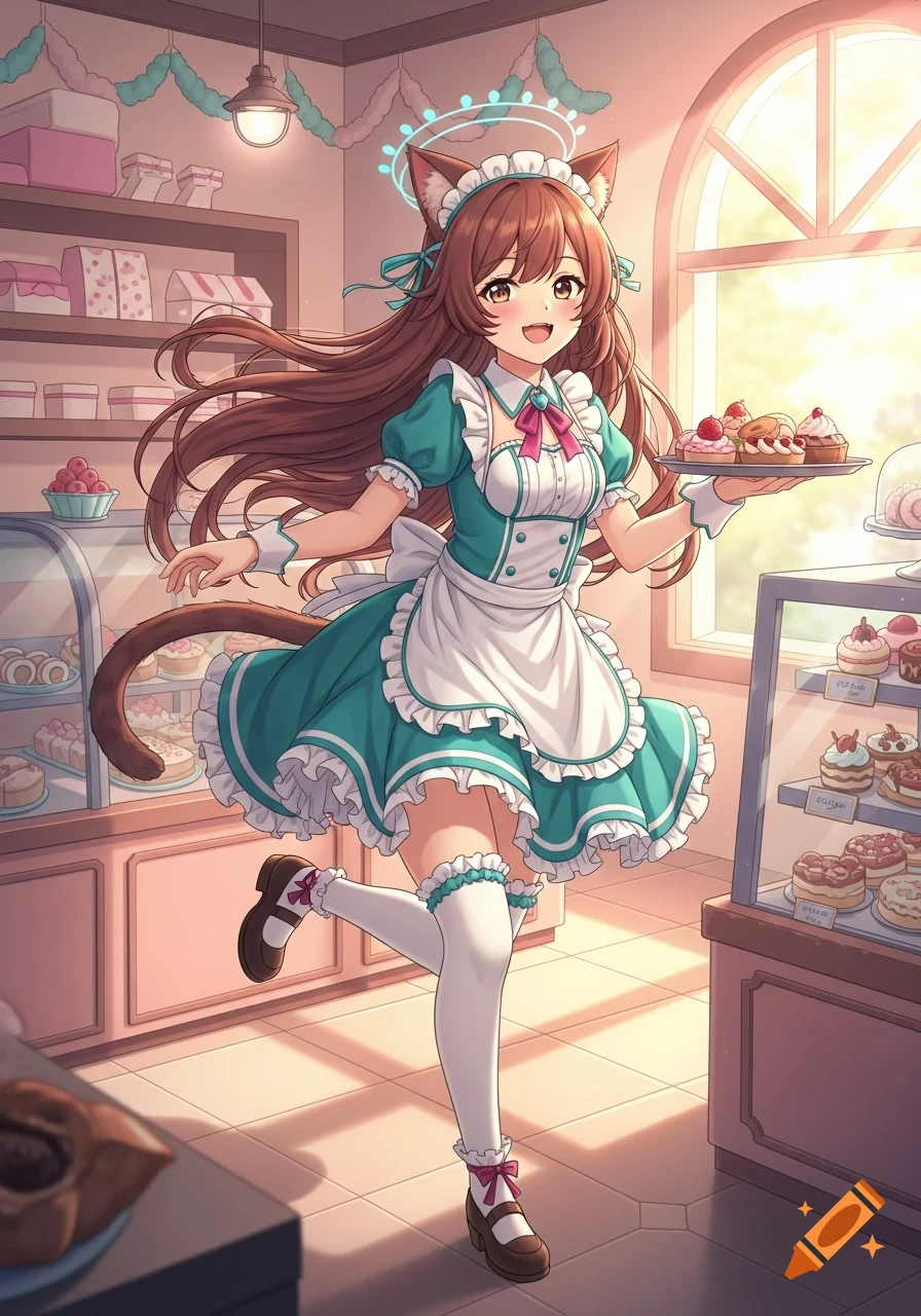 An anime catgirl maid with long brown hair, wearing a teal and white dress, smiles while holding a tray of pastries in a sunlit bakery.
