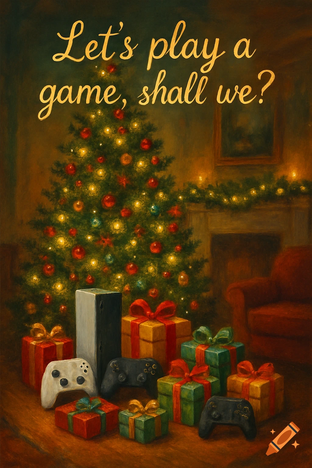 A painterly image of a decorated Christmas tree surrounded by wrapped presents and video game controllers, with the text "Let's play a game, shall we?" above.
