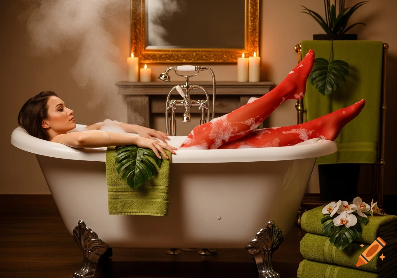 A woman in red tights relaxes in a bubble bath filled with steam, with candles and a mirror in the background.
