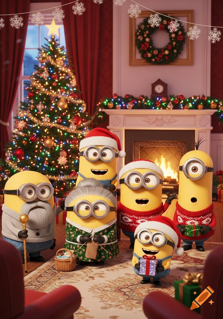 A family of Minions dressed in Christmas attire celebrates in a festive living room with a decorated tree and fireplace, in an animated style.