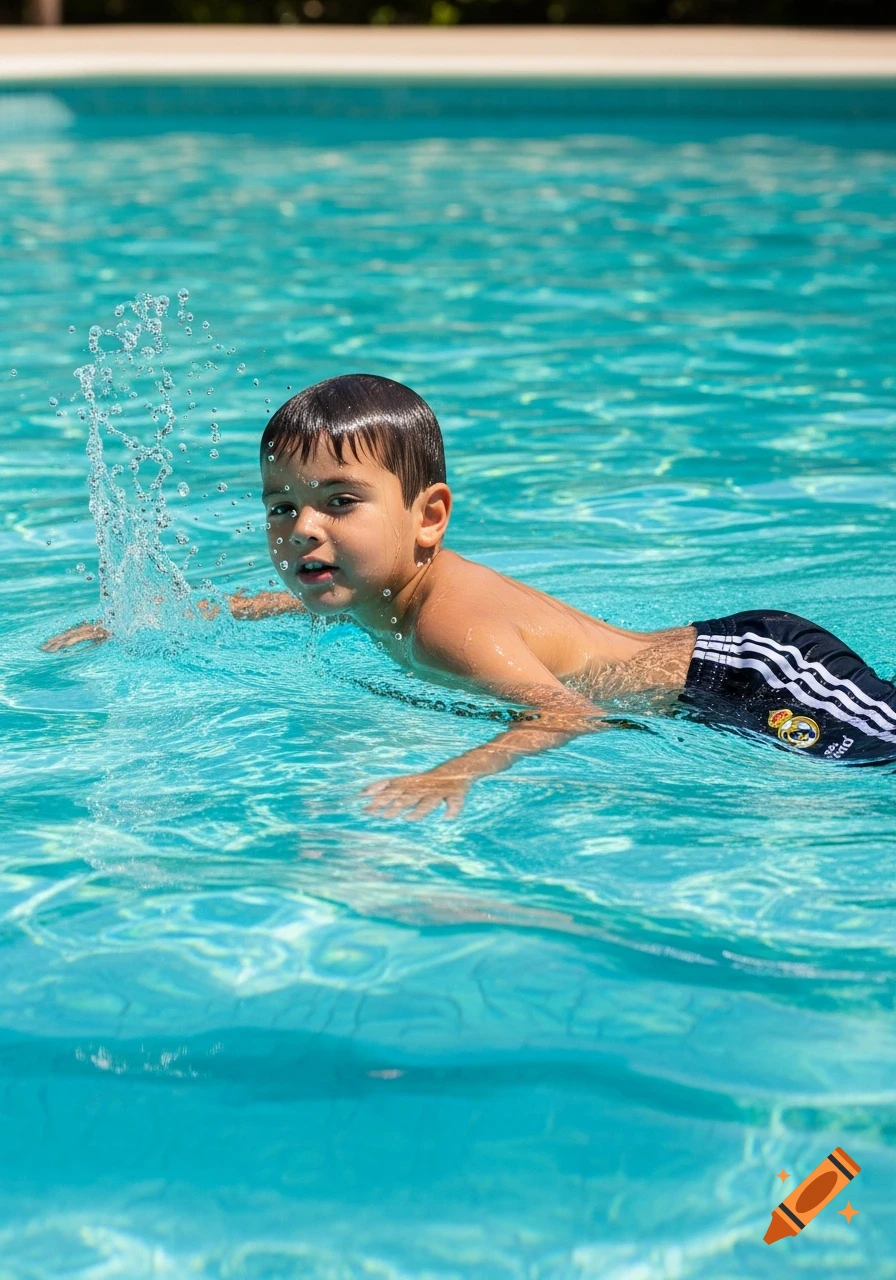 Young boy swimming in a bright blue pool, splashing water.