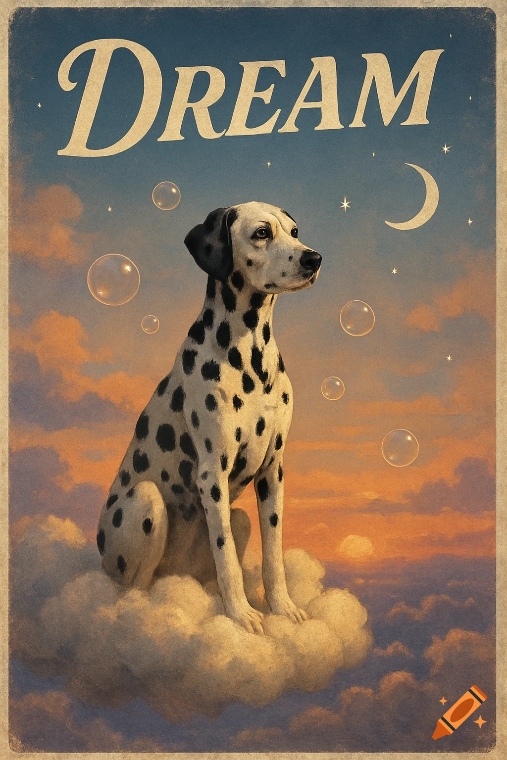 A vintage style poster features a Dalmatian dog sitting on a cloud in a dreamlike sunset sky with bubbles and stars, and the word 'DREAM' overhead.